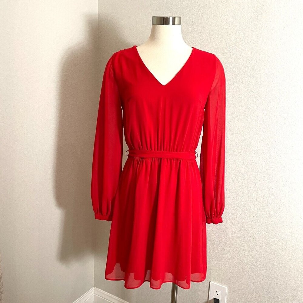 Express Womens Small Red Long Sleeve Dress V Neck Waist Tie
